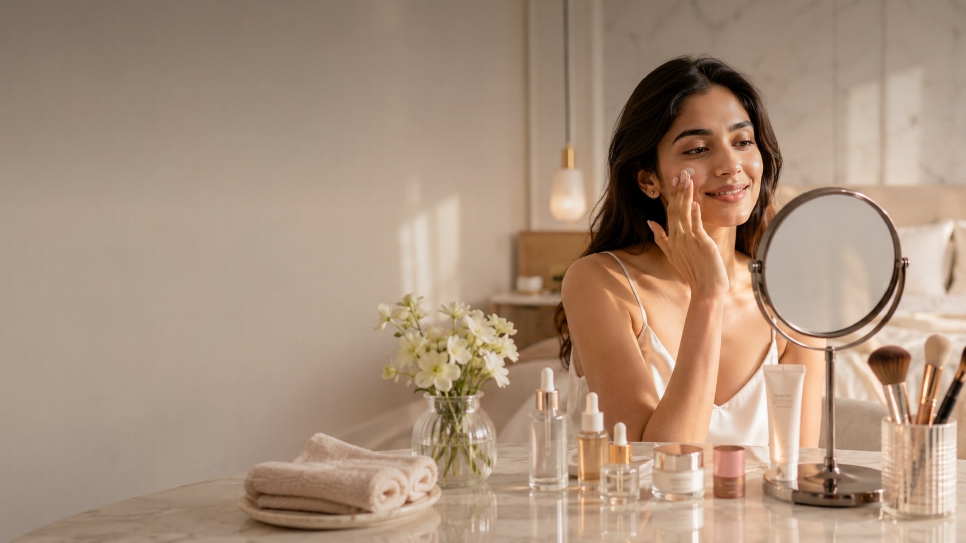 Woman applying skincare product in front of a mirror with various skincare items on a table.