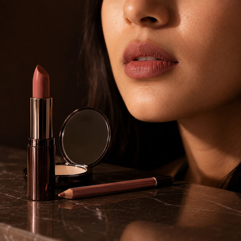 Close-up of a woman's lips with makeup products on a dark surface