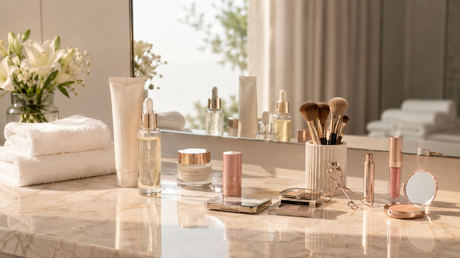 Cosmetic products on a marble surface with a blurred background