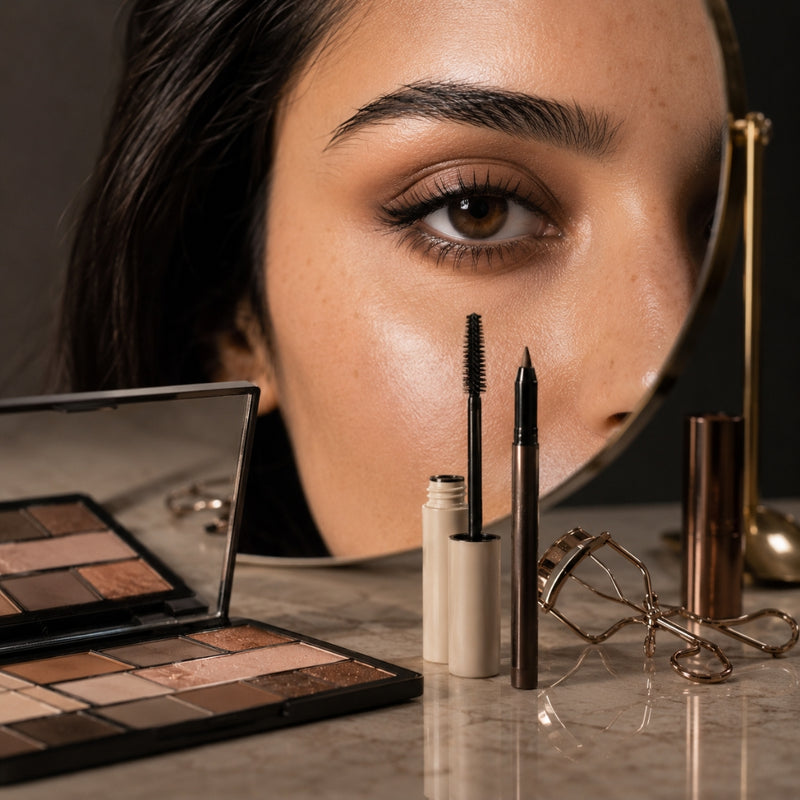 Makeup products including a palette, mascara, eyeliner, and eyelash curler on a reflective surface with a blurred face in the background.