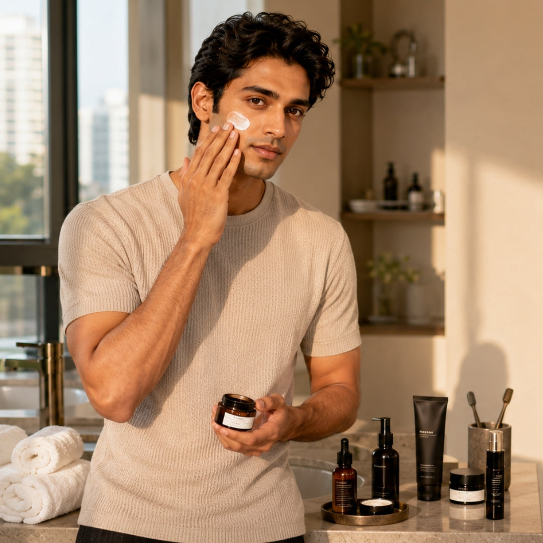 Man applying cream to his face in a bathroom setting with skincare products on the counter.