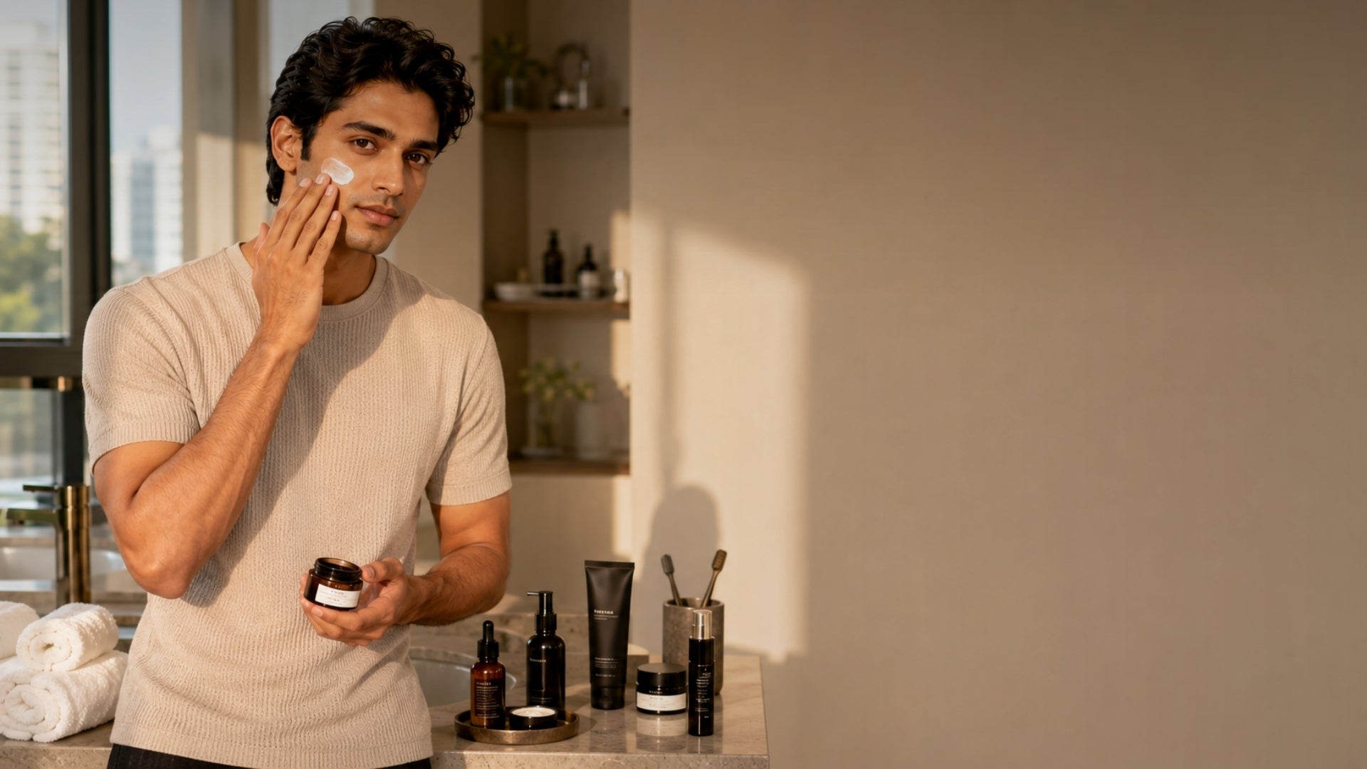 Man applying cream to his face in a bathroom setting with skincare products on the counter.