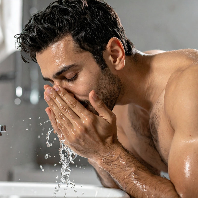 Man washing his face with water in a bathroom setting