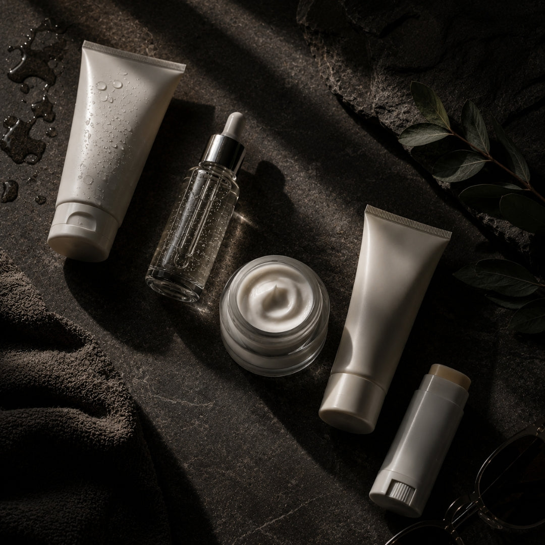 Collection of skincare products on a dark textured surface