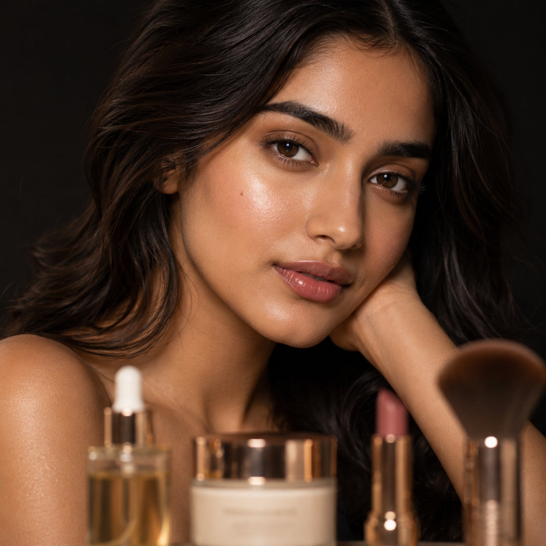 Woman with makeup products including a brush, bottle, and jar on a dark background
