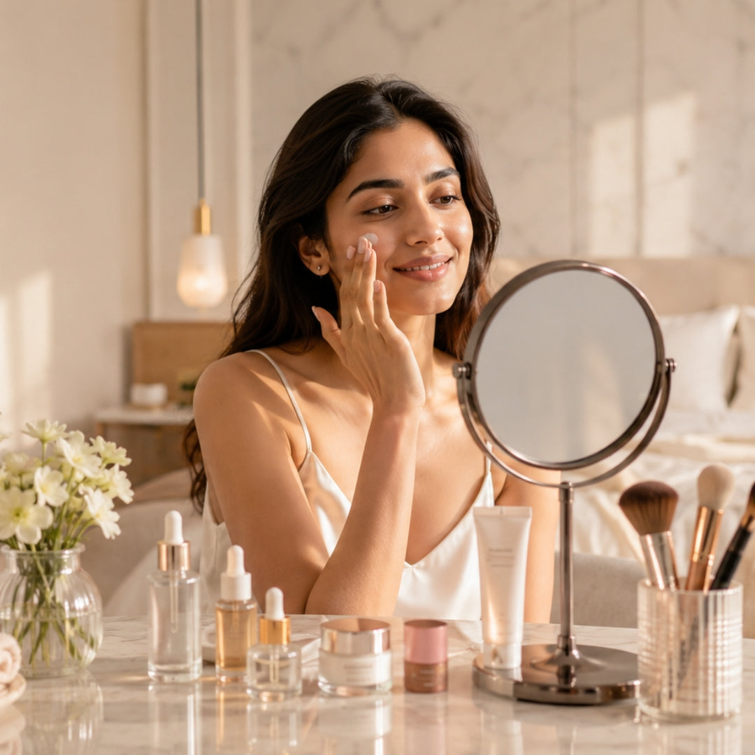 Woman applying skincare product in front of a mirror with various skincare items on a table.